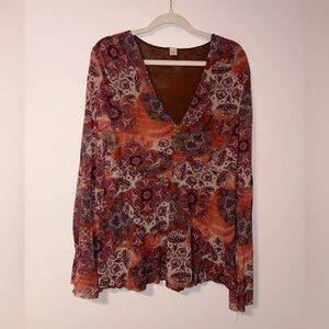 Vintage Sweet Pea Bell Sleeve Patchwork Embellished V- Neck Blouse XL